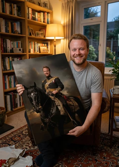 Man posing with a personalized horseback canvas print