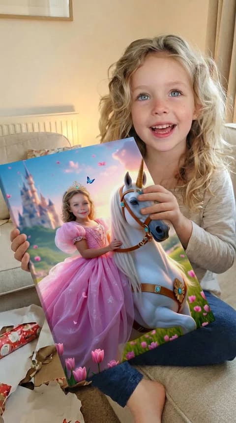 Girl showing a personalized unicorn rider wall art print