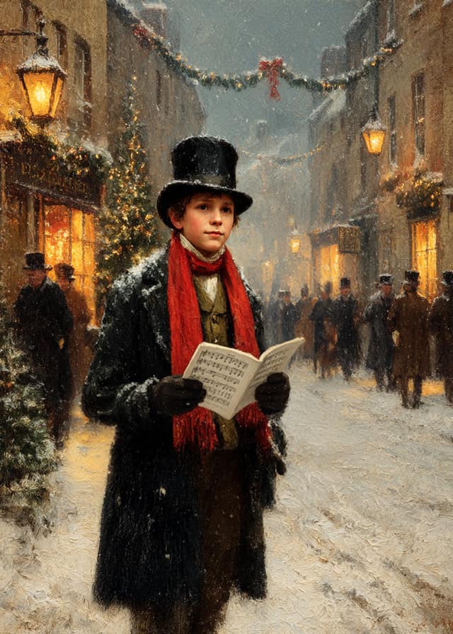 Victorian Caroler Snowy Street